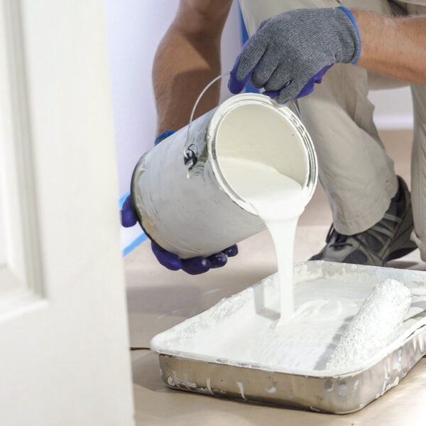 Man pours paint into the tray and dips roller. Professional interior construction worker pouring white color paint to tray.